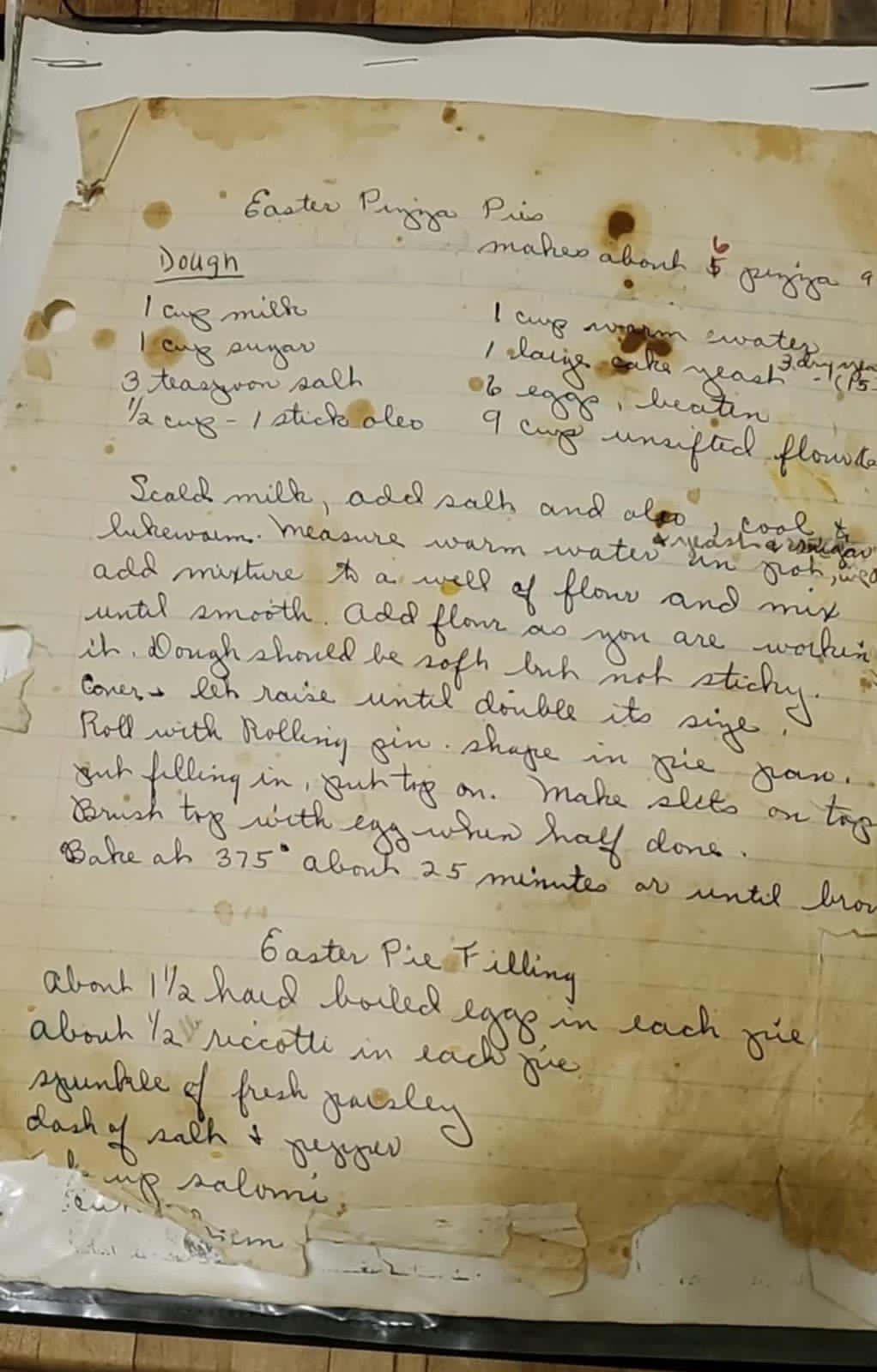 The original handwritten recipe card for Easter Pizza Gaina